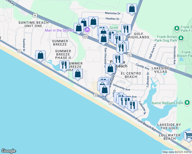 map of restaurants, bars, coffee shops, grocery stores, and more near 102 Cabana Cay Circle in Panama City Beach