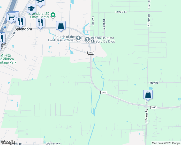 map of restaurants, bars, coffee shops, grocery stores, and more near 26830 Farm to Market Road 2090 in Splendora
