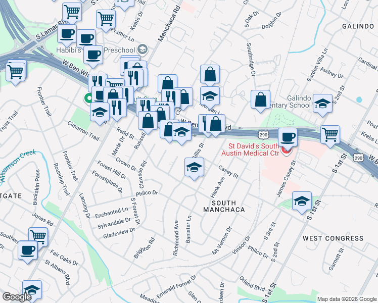map of restaurants, bars, coffee shops, grocery stores, and more near 1423 West Ben White Boulevard in Austin