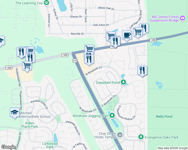 map of restaurants, bars, coffee shops, grocery stores, and more near 47 Valley Mead Place in Conroe