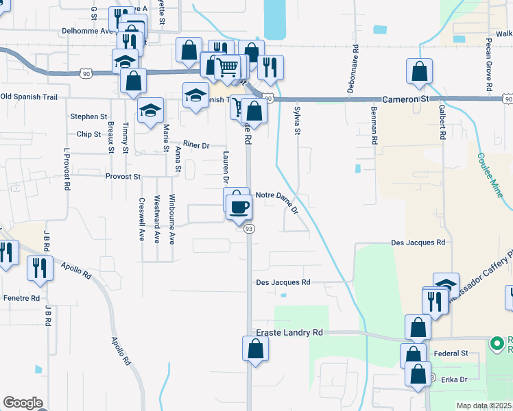 map of restaurants, bars, coffee shops, grocery stores, and more near 505 Westgate Road in Lafayette