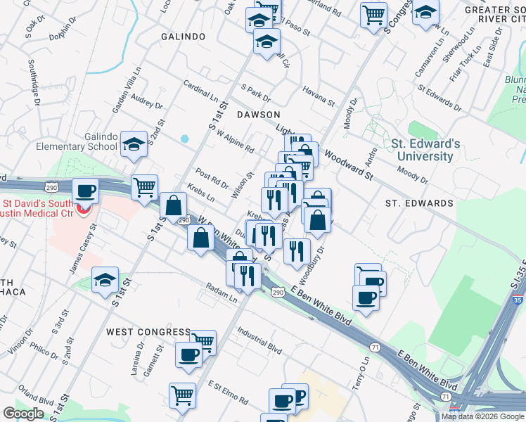 map of restaurants, bars, coffee shops, grocery stores, and more near 213 Lessin Lane in Austin