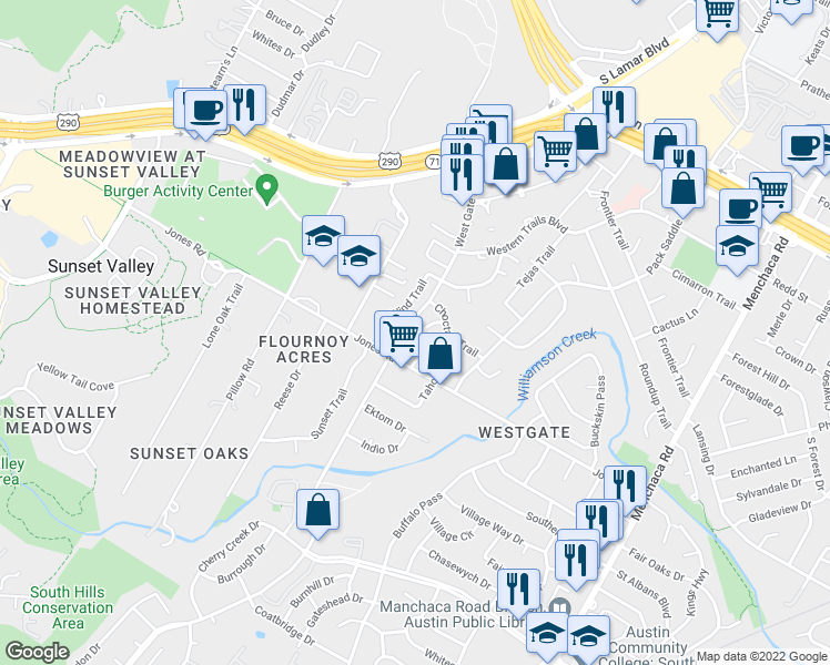map of restaurants, bars, coffee shops, grocery stores, and more near 5000 Winding Trail in Austin