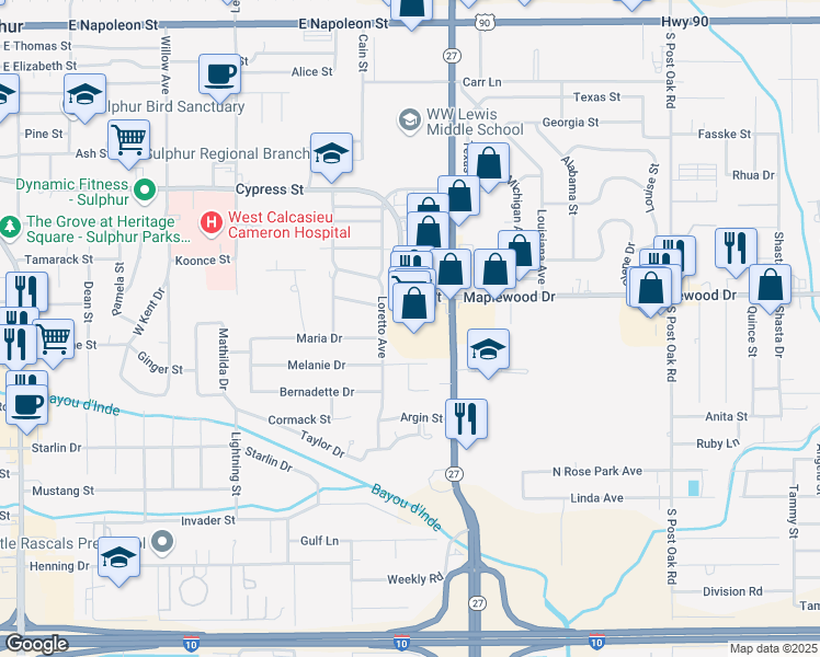 map of restaurants, bars, coffee shops, grocery stores, and more near 1421 Beglis Parkway in Sulphur