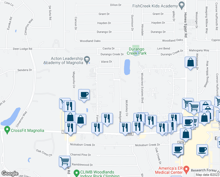 map of restaurants, bars, coffee shops, grocery stores, and more near 7215 Lazy Summer Court in Magnolia