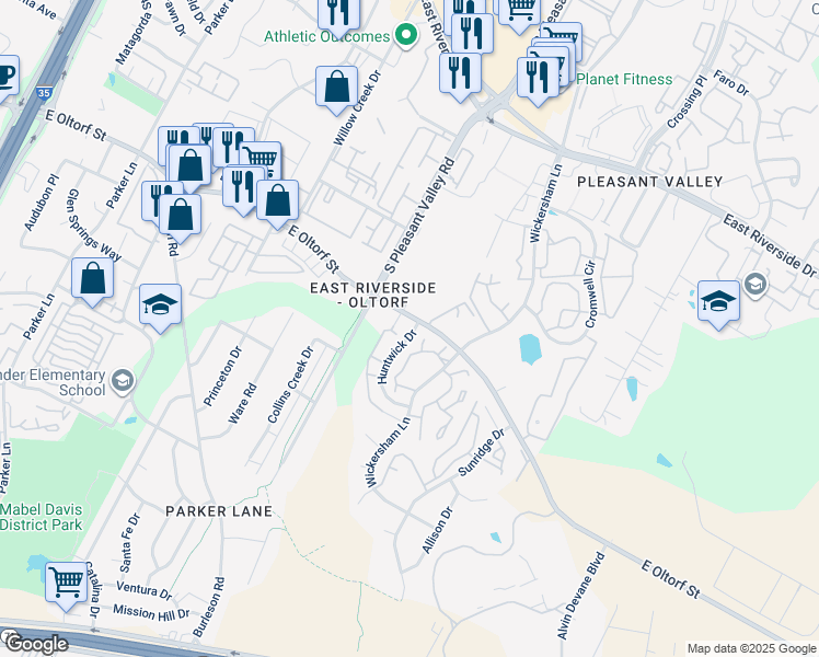 map of restaurants, bars, coffee shops, grocery stores, and more near 15 Huntwick Drive in Austin