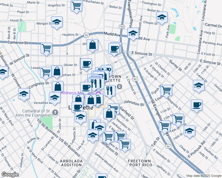 map of restaurants, bars, coffee shops, grocery stores, and more near 124 East Cypress Street in Lafayette