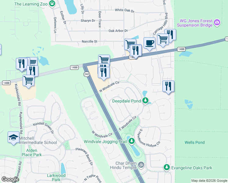 map of restaurants, bars, coffee shops, grocery stores, and more near 47 Valley Mead Place in Conroe