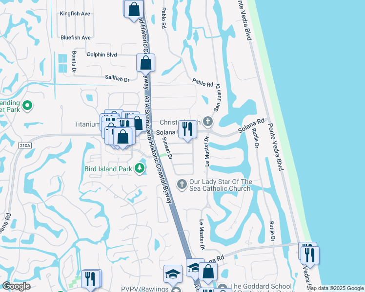 map of restaurants, bars, coffee shops, grocery stores, and more near 36 Valencia Street in Ponte Vedra Beach