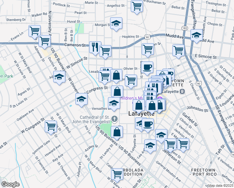 map of restaurants, bars, coffee shops, grocery stores, and more near 700 Saint John Street in Lafayette