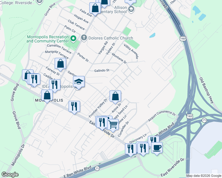 map of restaurants, bars, coffee shops, grocery stores, and more near 1500 Arcilla Street in Austin
