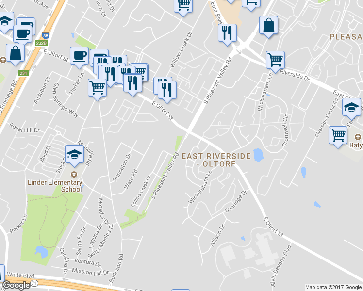 map of restaurants, bars, coffee shops, grocery stores, and more near 2510 South Pleasant Valley Road in Austin