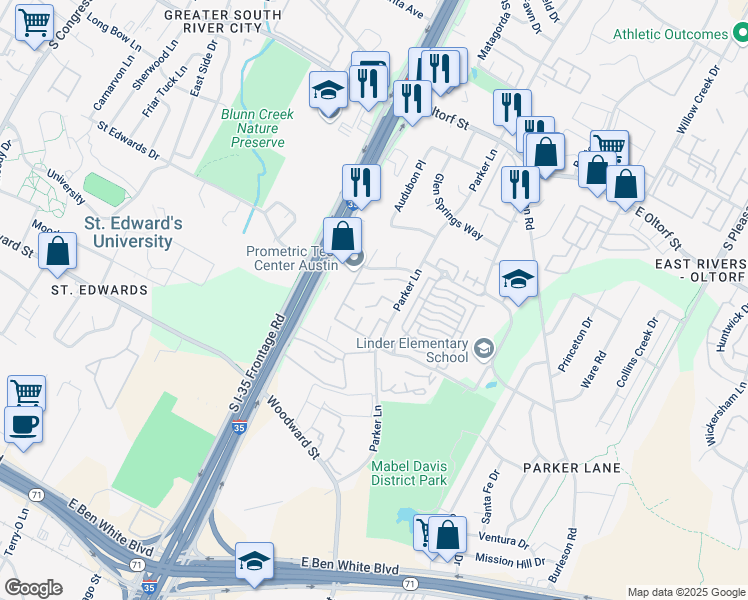 map of restaurants, bars, coffee shops, grocery stores, and more near 1710 Timber Brush Trail in Austin