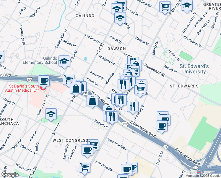 map of restaurants, bars, coffee shops, grocery stores, and more near 3809 Wilson Street in Austin