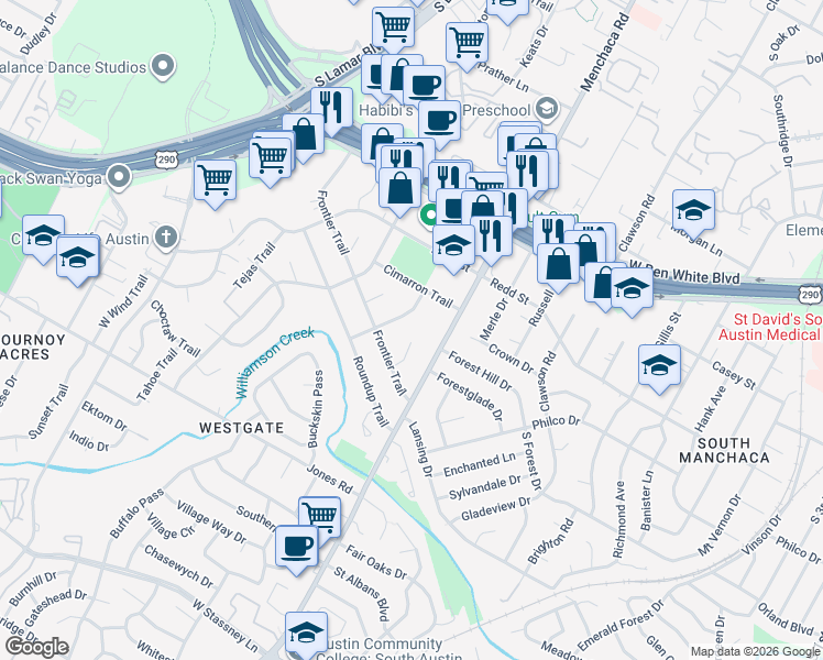 map of restaurants, bars, coffee shops, grocery stores, and more near 4603 Cactus Lane in Austin
