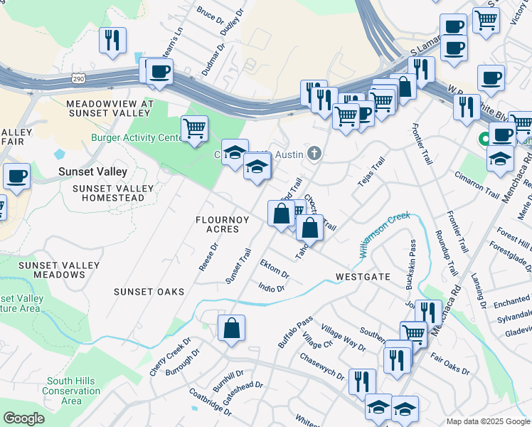 map of restaurants, bars, coffee shops, grocery stores, and more near 5006 West Wind Trail in Austin