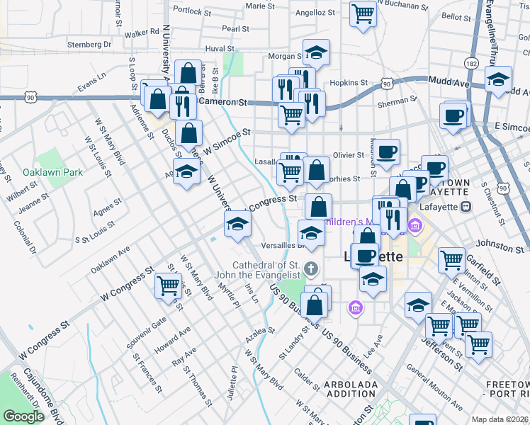 map of restaurants, bars, coffee shops, grocery stores, and more near 137 Cedar Crest Court in Lafayette
