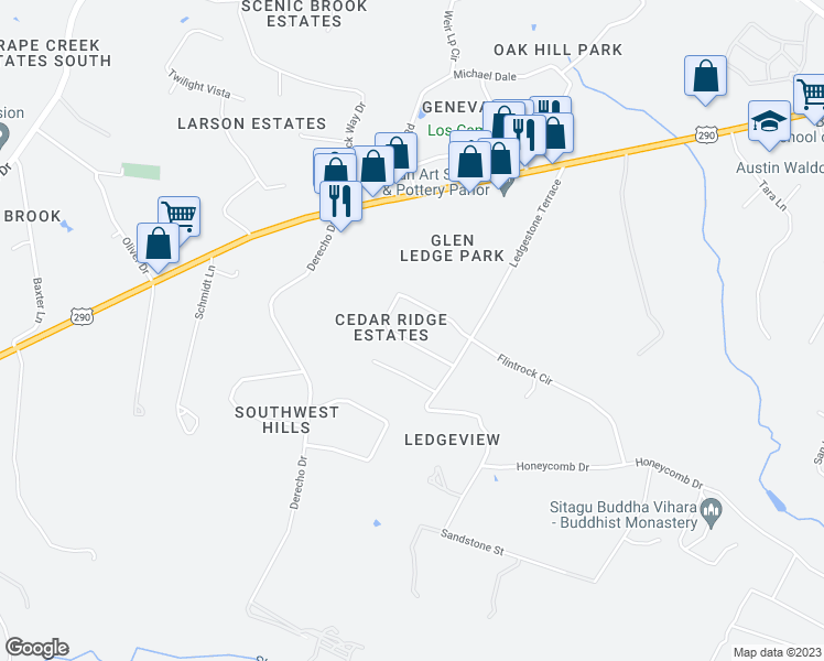 map of restaurants, bars, coffee shops, grocery stores, and more near 9800 Peakridge Drive in Austin