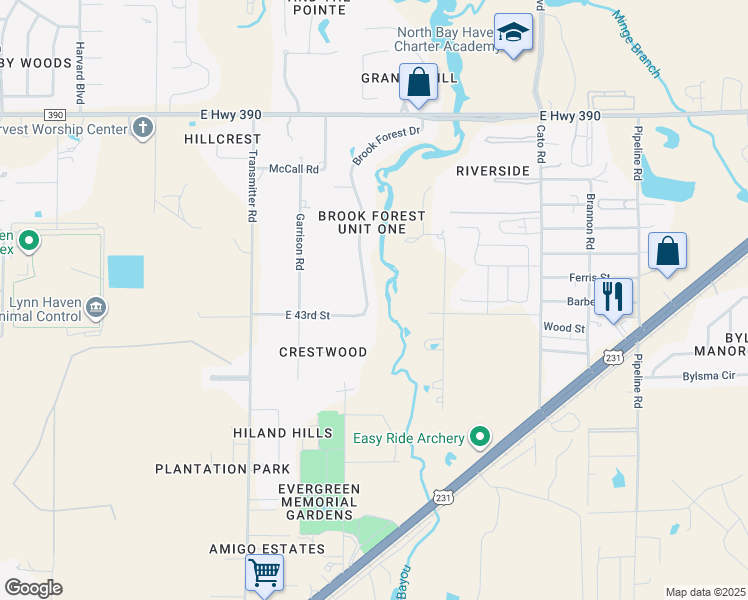 map of restaurants, bars, coffee shops, grocery stores, and more near 4312 Brook Forest Drive in Panama City