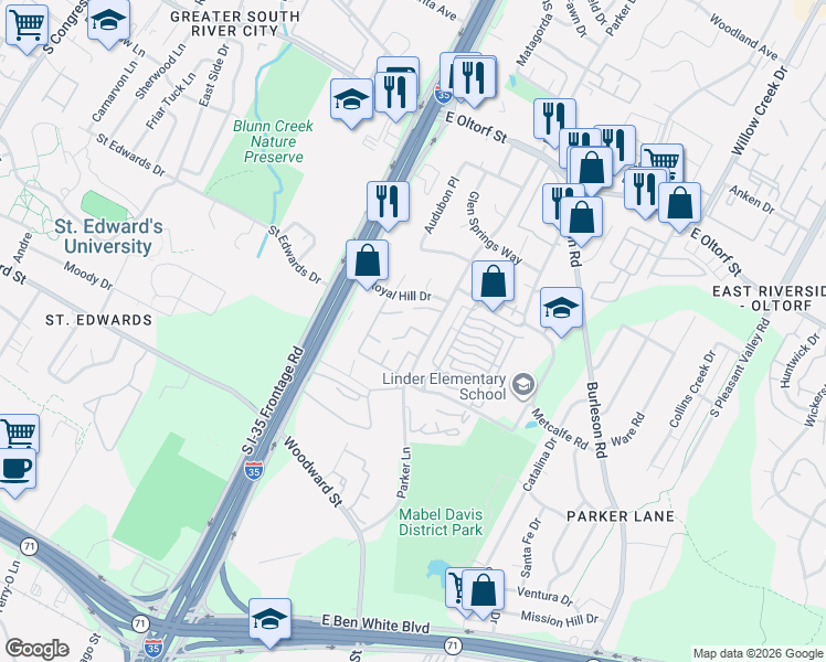 map of restaurants, bars, coffee shops, grocery stores, and more near 1726 Timber Ridge Drive in Austin