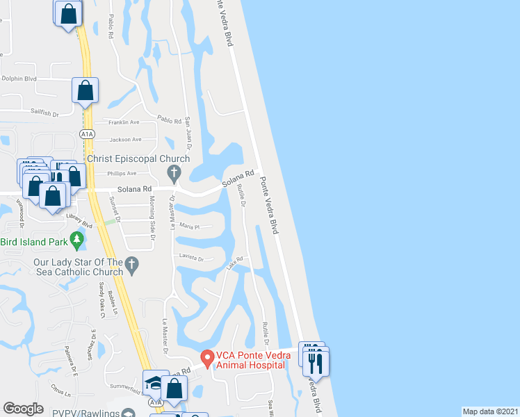 map of restaurants, bars, coffee shops, grocery stores, and more near 512 Ponte Vedra Boulevard in Ponte Vedra Beach