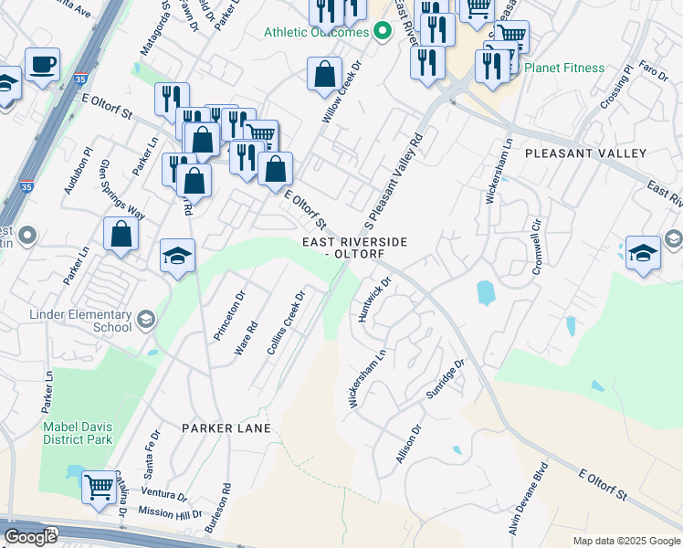 map of restaurants, bars, coffee shops, grocery stores, and more near 2510 South Pleasant Valley Road in Austin