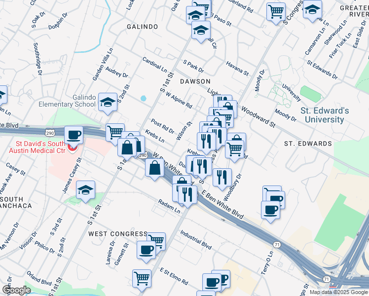 map of restaurants, bars, coffee shops, grocery stores, and more near 3809 Wilson Street in Austin