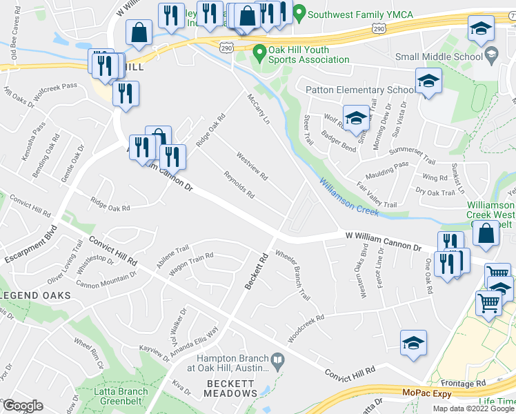 map of restaurants, bars, coffee shops, grocery stores, and more near 5503 Reynolds Road in Austin