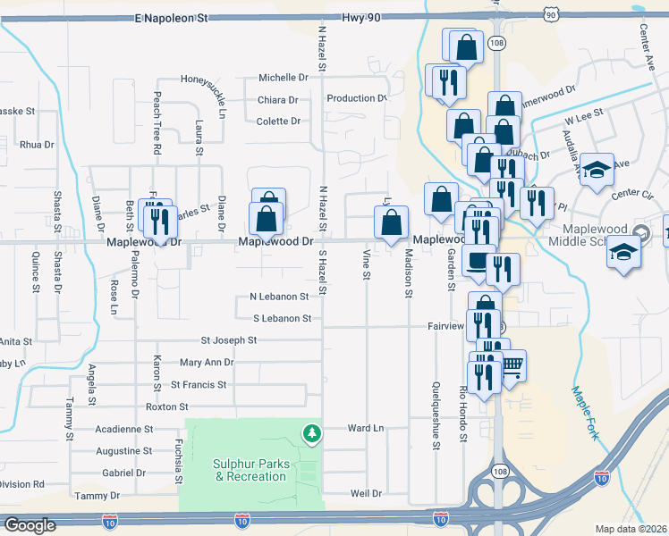 map of restaurants, bars, coffee shops, grocery stores, and more near 103 South Hazel Street in Sulphur