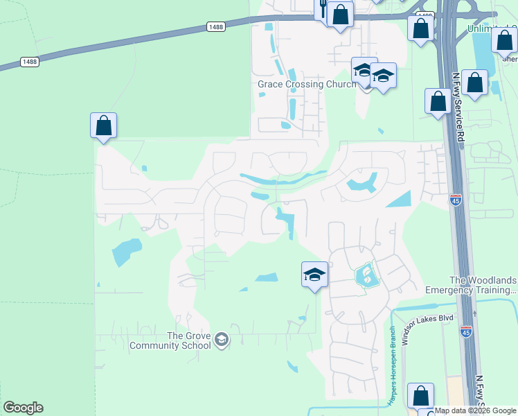 map of restaurants, bars, coffee shops, grocery stores, and more near 2025 Bennet Lane in Conroe