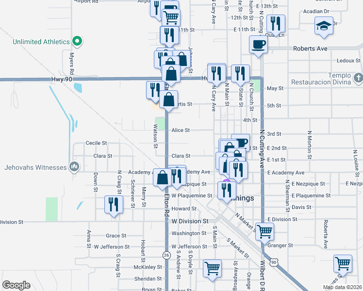 map of restaurants, bars, coffee shops, grocery stores, and more near 301-499 Decker Street in Jennings