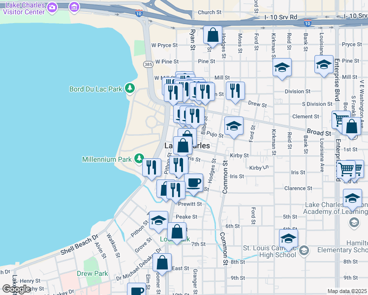map of restaurants, bars, coffee shops, grocery stores, and more near in Lake Charles