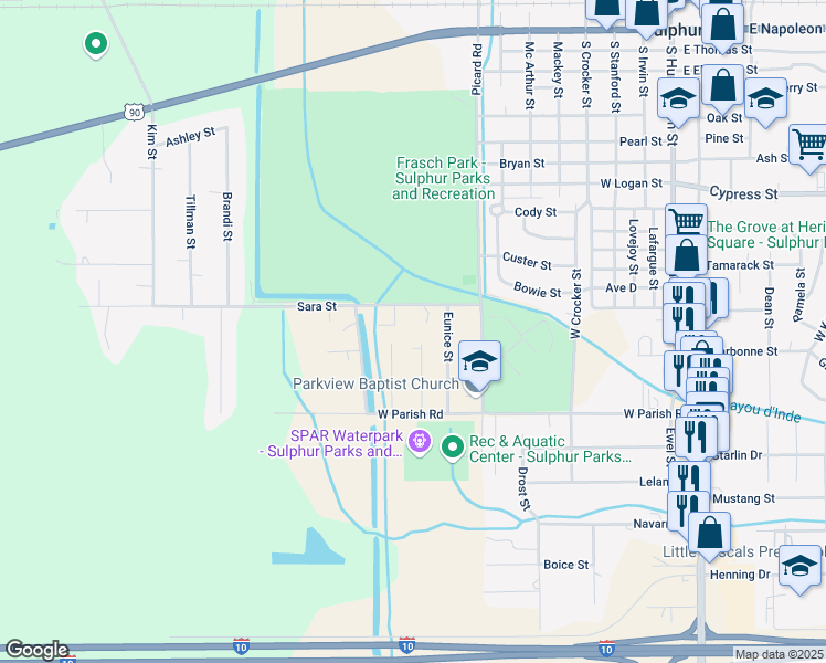 map of restaurants, bars, coffee shops, grocery stores, and more near 1520 Eva St in Sulphur