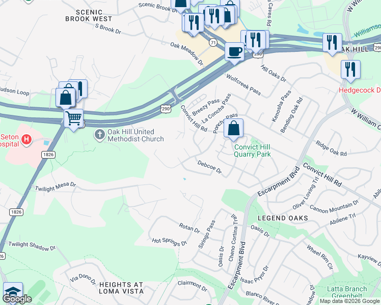 map of restaurants, bars, coffee shops, grocery stores, and more near 7609 Clara Marie Cove in Austin