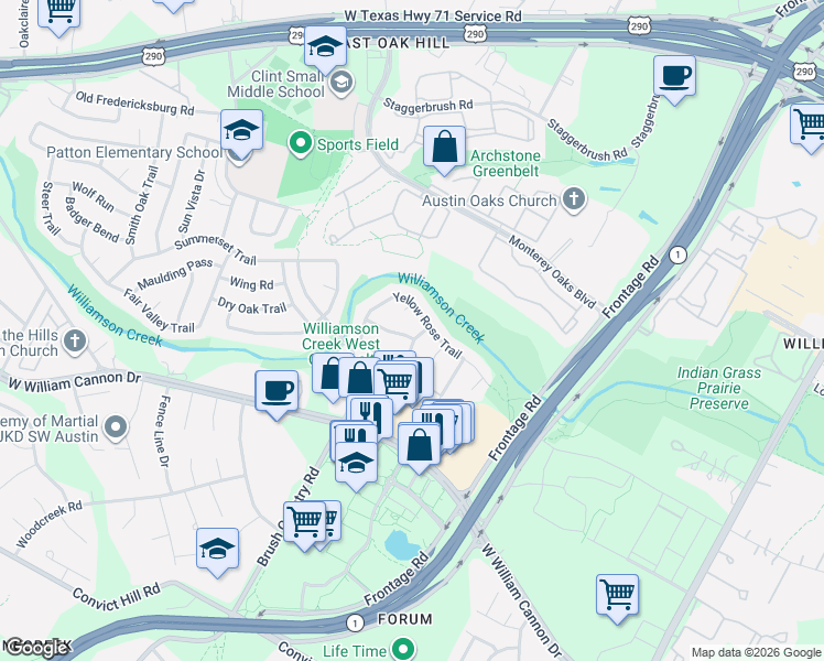 map of restaurants, bars, coffee shops, grocery stores, and more near 4504 Langtry Lane in Austin