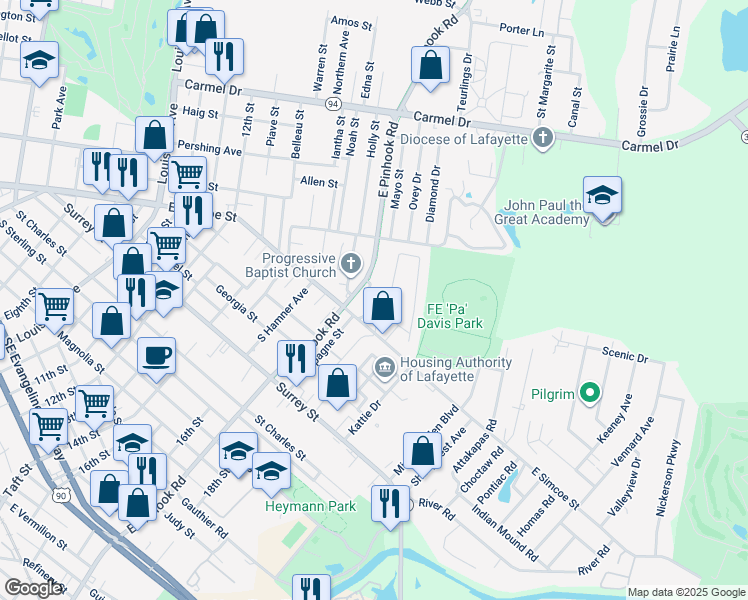 map of restaurants, bars, coffee shops, grocery stores, and more near 110 Dorian Drive in Lafayette