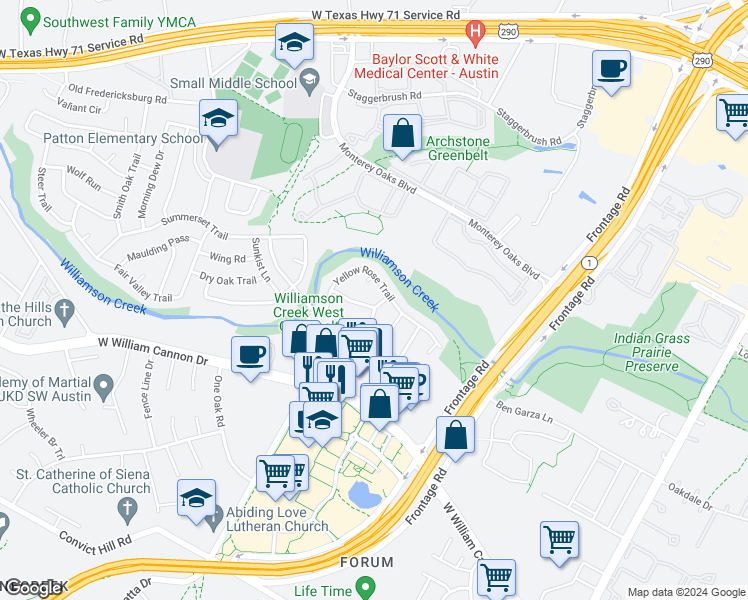 map of restaurants, bars, coffee shops, grocery stores, and more near 4504 Langtry Lane in Austin