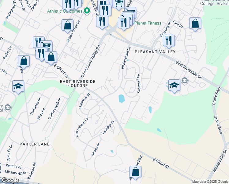 map of restaurants, bars, coffee shops, grocery stores, and more near 2425 Cromwell Circle in Austin