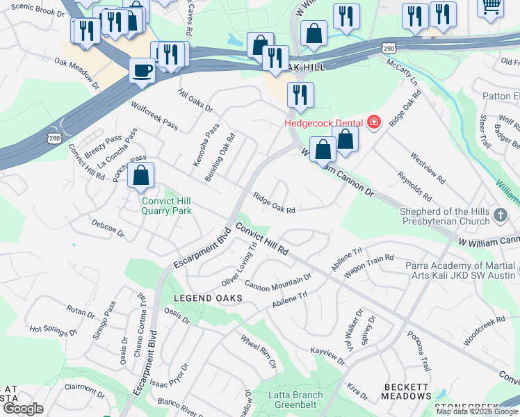 map of restaurants, bars, coffee shops, grocery stores, and more near 7212 Quimper Lane in Austin