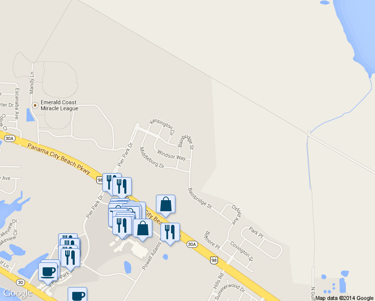 map of restaurants, bars, coffee shops, grocery stores, and more near 405 Bainbridge Street in Panama City Beach