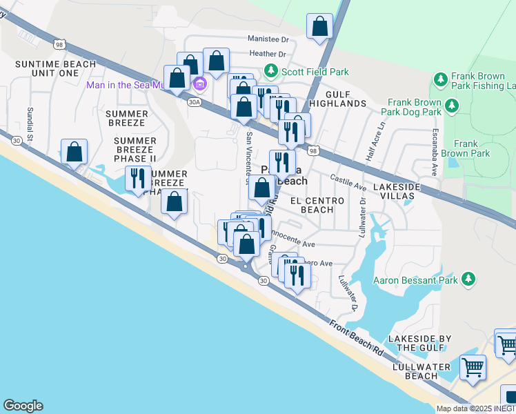 map of restaurants, bars, coffee shops, grocery stores, and more near 17104 Inca Avenue in Panama City Beach