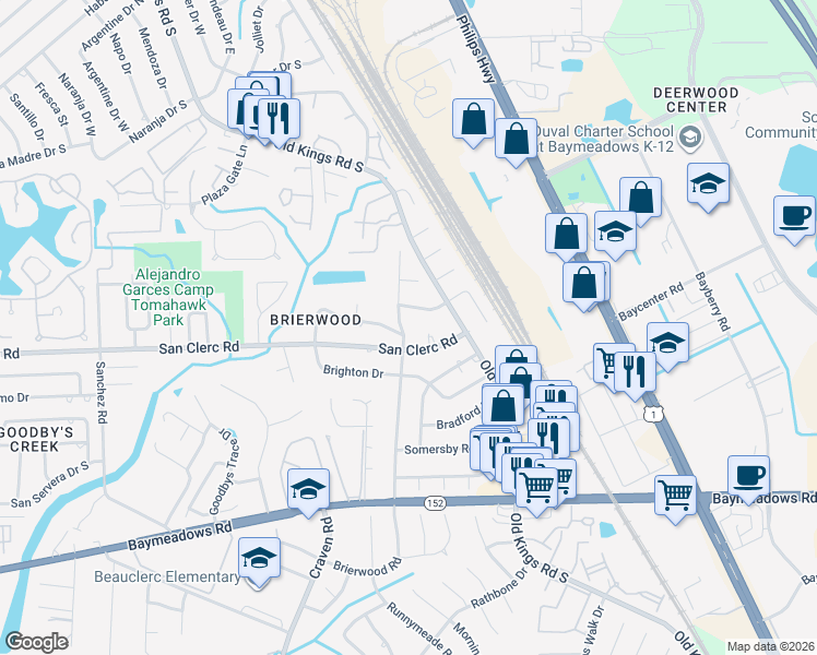 map of restaurants, bars, coffee shops, grocery stores, and more near 8473 Brierwood Road in Jacksonville