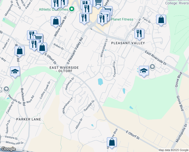map of restaurants, bars, coffee shops, grocery stores, and more near 2425 Cromwell Circle in Austin
