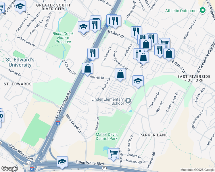map of restaurants, bars, coffee shops, grocery stores, and more near 1900 Dinsdale Lane in Austin