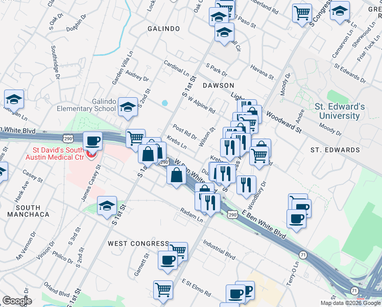 map of restaurants, bars, coffee shops, grocery stores, and more near 3809 Wilson Street in Austin