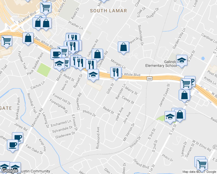 map of restaurants, bars, coffee shops, grocery stores, and more near 4315 Gillis Street in Austin