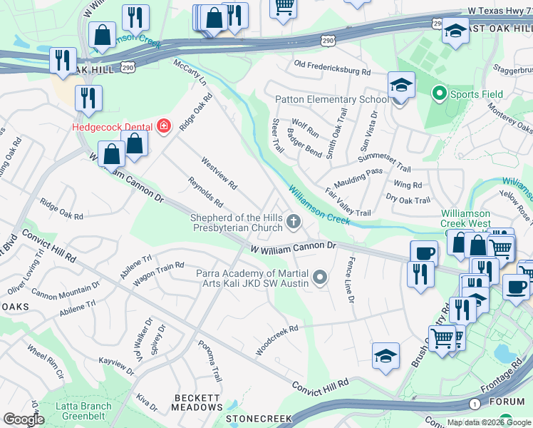 map of restaurants, bars, coffee shops, grocery stores, and more near 6708 Beckett Road in Austin