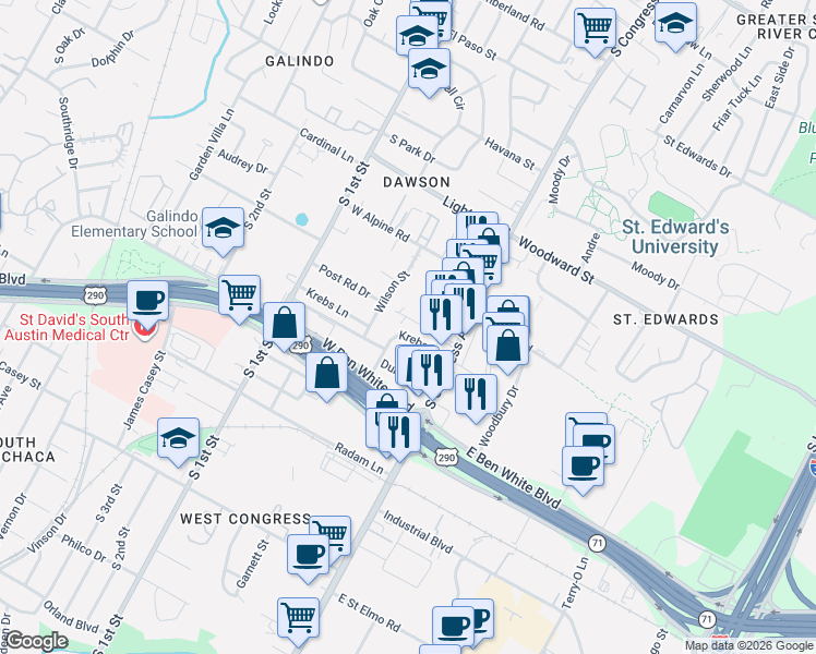 map of restaurants, bars, coffee shops, grocery stores, and more near 217 Lessin Lane in Austin