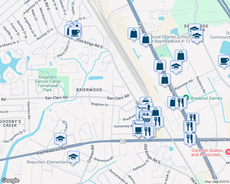 map of restaurants, bars, coffee shops, grocery stores, and more near 8473 Brierwood Road in Jacksonville