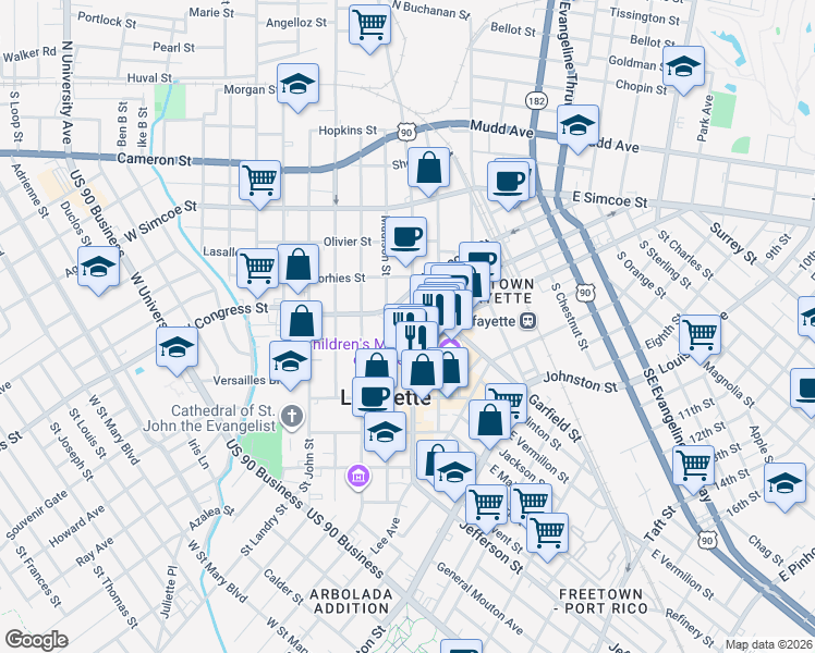 map of restaurants, bars, coffee shops, grocery stores, and more near 200 West Congress Street in Lafayette
